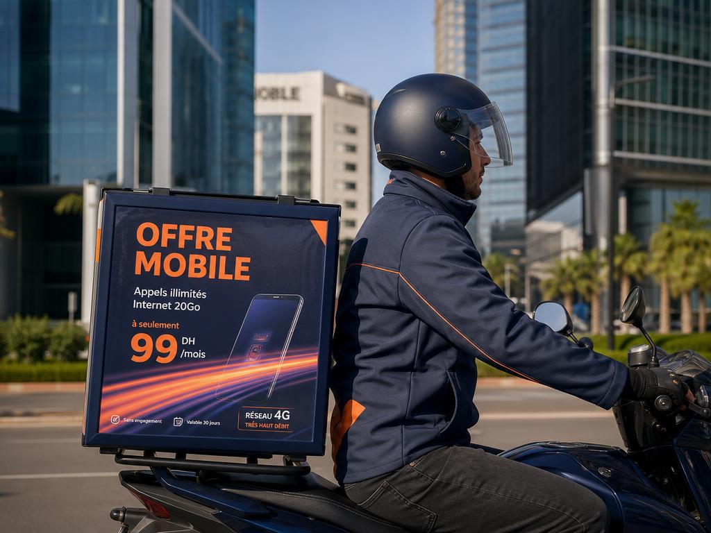 Caisson publicitaire grand format monté à l'arrière d'une moto urbaine — emplacement pour visuel de campagne